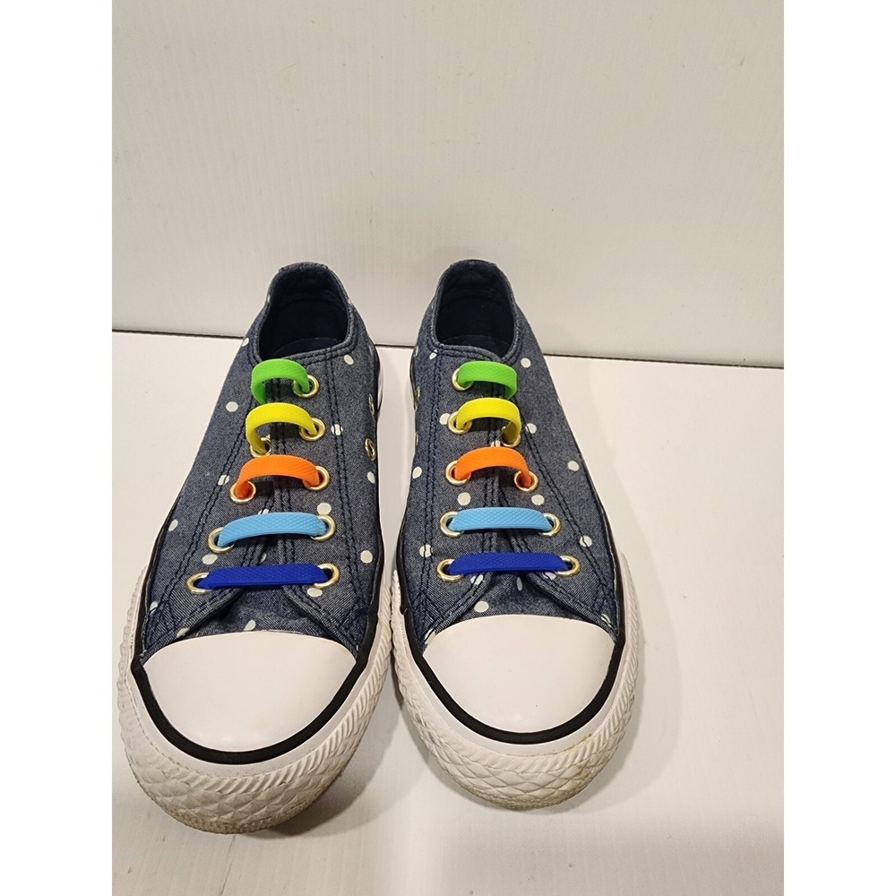 Converse All Star Girls Jr Sneakers Shoes denim Polka Dot sz 12 no tie laces